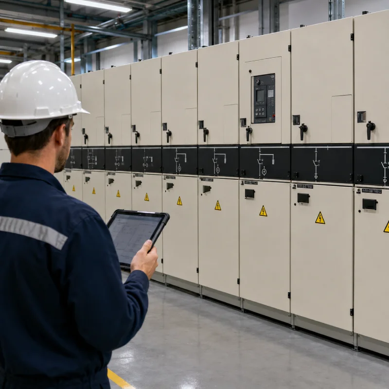 Técnico operando painel e cubículo de média tensão
